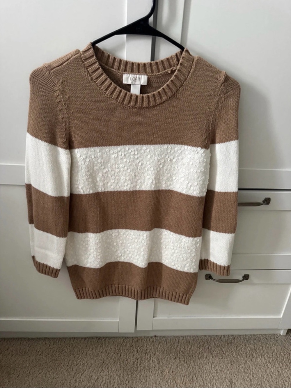 LOFT Brown and Cream Striped Crewneck Sweater